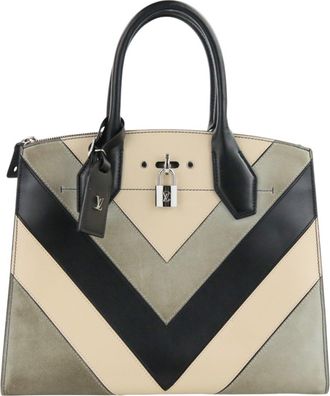 Louis Vuitton Black Gray Ivory Leather Suede Handbag Tote Bag (Pre-Owned)