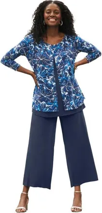 Jessica London Crew Neck Double Layered Tunic in Navy Ocean Floral at Nordstrom, Size Medium