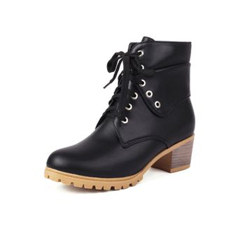 Generic Womens Ankle Boots Lace Up PU Leather Round Toe Medium Chunky Block Heel Lug Sole Metal Eyelets Reinforced Stitching Non Slip Durable Structure,Black,