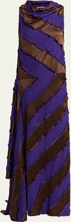Zankov Cowl-Neck Striped Silk Asymmetric Maxi Dress