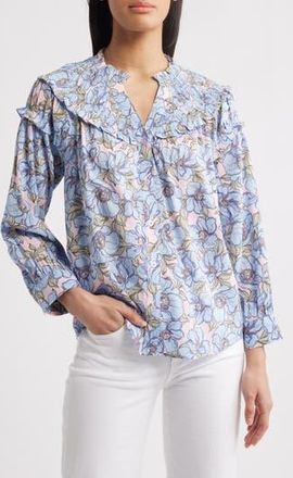 Wit & Wisdom Floral Print Smocked Yoke Button-Up Top in Rose Bloom/Blue Crush Multi at Nordstrom Rack, Size X-Large