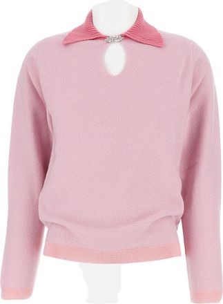 Barrie Rhinestone-Brooch Knitted Top With High-Neck Keyhole Detail