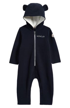 Moncler Fleece Hooded Zip Romper in Navy at Nordstrom, Size 12-18M
