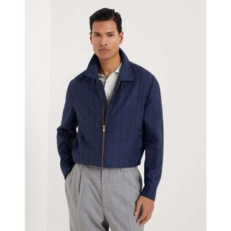 Brunello Cucinelli Mens Navy Wool Linen Silk Blend Zip Jacket, Size 46