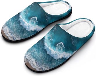 Generic Blue Ocean Summer Beach Waves Funny Mens Cotton Slippers Soft Non-Slip Rubber Sole House Slipper Indoor Outdoor