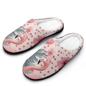Generic Flamingos Tropical Flowers Polka Dots Mens Slippers Slip On Comfortable Fleece Cotton House Shoes Winter
