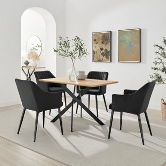 Furniturebox Leonardo Oak Effect Dining Table & 4 Calla Black Velvet Chairs in Brown