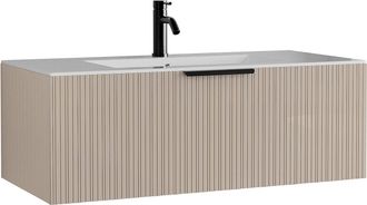 Vente-Unique Mueble de ba&ntilde;o suspendido estriado con lavabo encastrable y grifo - Color beige - 100 cm - PALIRO