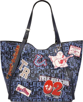 True Religion Multi Patch Graphic Tote Bag with Buddha Charm and Adjustable Shoulder Straps