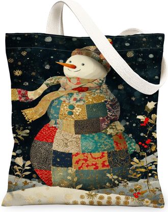 Generic Winter Snow Man Canvas Tote Bags, Decorative Patchwork Reusable Grocery Bags, Festive Lightweight Washable Shoulder Strap C, Multicolor, 13x15 Inch