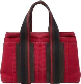 Herm&egrave;s Brown Red Color Canvas Leather Handbag Tote Bag (Pre-Owned)
