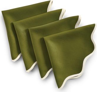 Solino Home Linen Dinner Napkins Set of 4, 20 Inch Round for Dining Table, Holiday and Everyday Table Decor - Giselle Scallop Edge in Ivory And