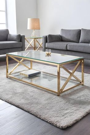 Julian Bowen Miami Glass Top Cross Frame Coffee Table with Shelf in Gold