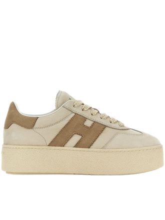 Hogan Beige Leather Platform Sneakers With Suede Accents And Iconic Logo