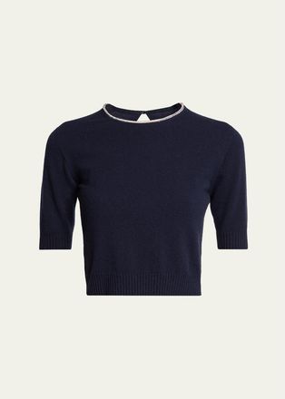 Giorgio Armani Crystal Crewneck Short-Sleeve Silk Knit Crop Shirt