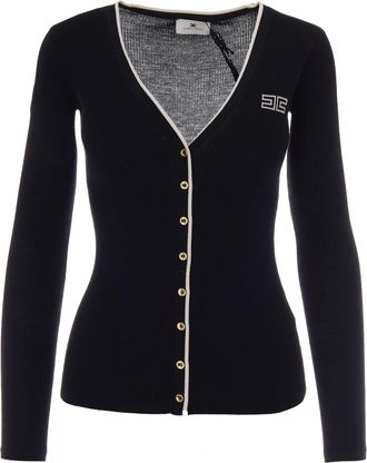 Elisabetta Franchi Black Ribbed Wool V-Neck Cardigan