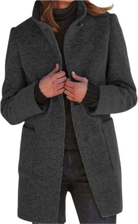 Generic Women Woolen Coat Blend Stand Collar Single Breasted Pea Coats ladies Slim Fit Jackets Solid Color Mid Long Length Outwear With Pockets For Autum Wint