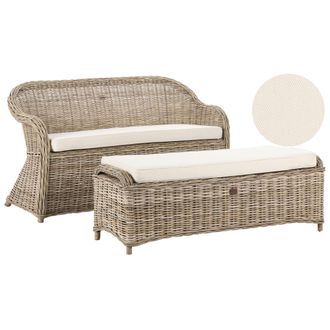Beliani Banco Boho 141 Cm Con Otomana Para Jard&iacute;n Interior Y Exterior Rat&aacute;n Cojines De Tela Blanco Crema Natural Susua