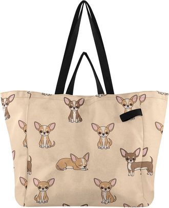 Generic Chihuahua Dog Beige pattern Reusable Canvas Tote Bag, Heavy Duty Grocery Shopping Bag with Double Handles Hard Bottom Large Capacity Work Groceries Tr