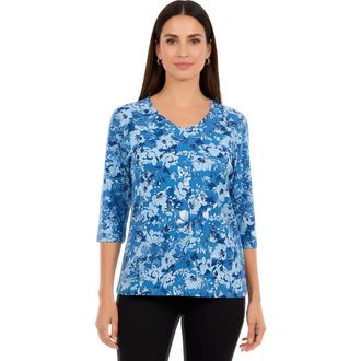 Jessica London Stretch Cotton V-Neck Tee in Blue Pretty Floral at Nordstrom, Size 20