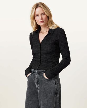 AllSaints Womens cotton Connie Slim Fit Open Neck Shirt, Size: UK 12/US 8