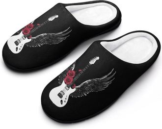 Generic Guitar with Wings Roses Funny Mens Cotton Slippers Soft Non-Slip Rubber Sole House Slipper Indoor Outdoor