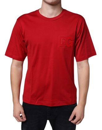 Dolce & Gabbana Mens Red Cotton Dg Logo Print Crew Neck T-Shirt