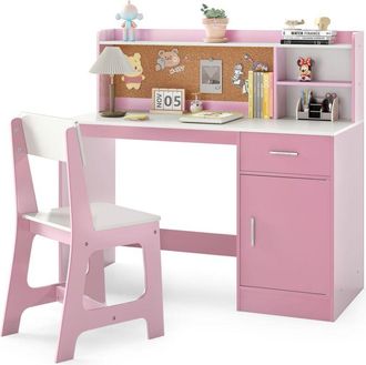 Costway Set Scrivania e Sedia per Bambini 3+ Anni, Tavolo da Scrittura in Legno con Mensole, Cassetto e Bacheca in Sughero, Tavolo e Sedia per
