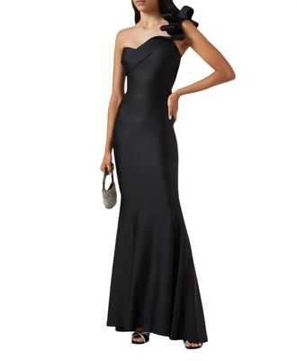 Nicole Bakti One Shoulder Fitted Long Dress In Black