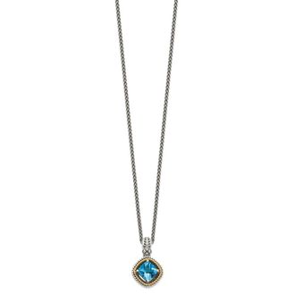 Diamond2Deal Sterling Silver with 14K Accent Cushion Swiss Blue Topaz Pendant Necklace