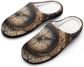 Generic Nautical World Map Ocean Map Womens Slippers Warm House Slippers Indoor House Shoes with Anti-Skid Rubber Sole