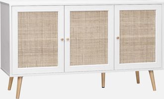 Sweeek Sweeek - Aparador De Ca&ntilde;a Con 3 Puertas, 120cm, Boheme, Blanco Roto, 120x39x70 Cm
