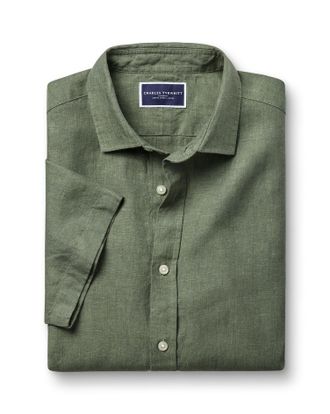 CHARLES TYRWHITT Pure Linen Short Sleeve Shirt - Olive Green Size Large by Charles Tyrwhitt