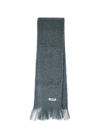 Jil Sander Grey Fuzzy Texture Fringed Scarf
