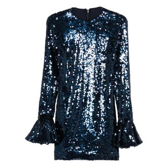 Rotate ROTATE Birger Christensen, Party Dresses, female, Blue, Size: XS Sequin Long-Sleeve Mini Dress