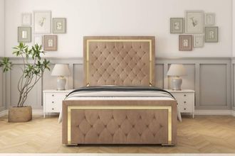 Sloomy Sofia Gold Naples Bed Frame With 50 Upholstered Headboard in Light Brown | Size: Super King