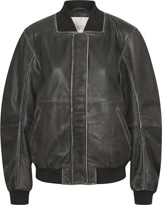 MY ESSENTIAL WARDROBE Retro Wash Leren Bomberjack - Dames - Leren en Su&egrave;de Jassen - Grijs - L - Jassen