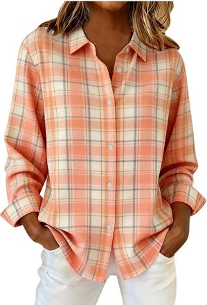 Generic Womens Classic Plaid Shirts Cotton Long Sleeve Button Down Flannel Checked Blouse Loose Oversized Casual Check Tops Ladies Lightweight Shirt for Sprin