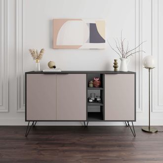 Decortie 3-Doors Sideboard Clara with Metal Hairpin Legs 142cm in Grey | Size: 2 Pack