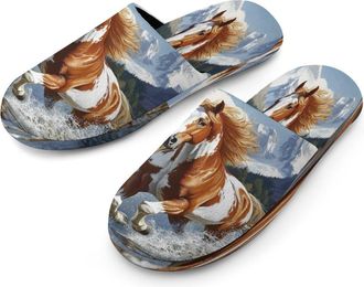 Generic Running Horse Mens Flannel Slipper Soft Non Slip House Shoes Comfy Winter Warm Indoor Outdoor Slippers