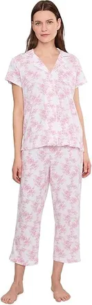 Lauren Ralph Lauren Knit Short Sleeve Notch Collar Cropped Pants Pajama Set Womens Pajama Sets White Ground Pink Floral : LG (US 12-14)