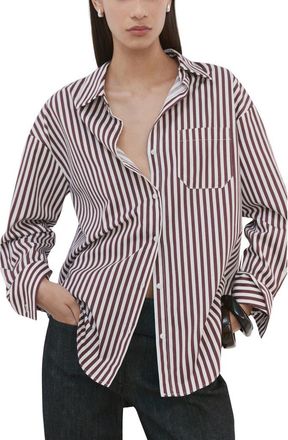 Mango Stripe Cotton Blend Button-Up Shirt in Ecru at Nordstrom, Size 8