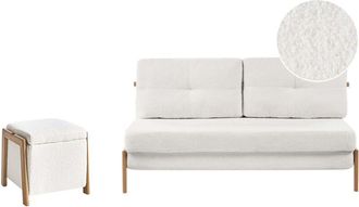 Beliani Sofa and Pouffe Set White Boucle Upholster Iron Legs Sleeping Function Additional Storage Modern Style EDLAND
