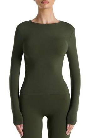 Naked Wardrobe Long Sleeve Crewneck Top in Dark Olive at Nordstrom, Size Large