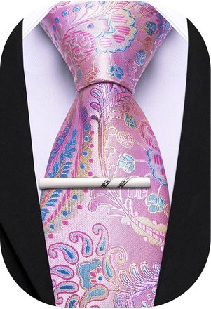 Barry.Wang Paisley Tie for Men Silk Woven Necktie and Tie Clip Set Wedding Party Business Formal, Blue and Pink, One Size