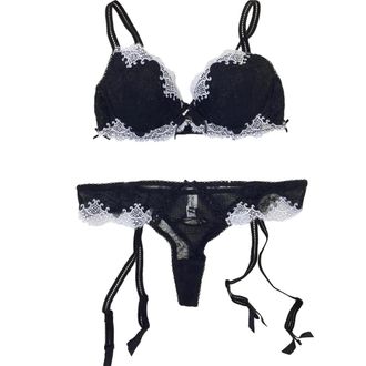 Millesia Black & White Guipure Lace Pad Bra & Suspender Thong Set Size M