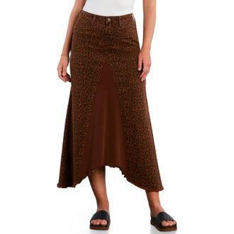 Wash Lab Denim Leopard Print Pieced Denim Midi Skirt in Brown Leopard at Nordstrom, Size 29
