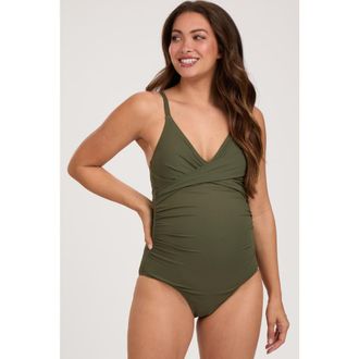 Pinkblush Ribbed V-Neck Ruched Back Cut-Out One Piece Swimsuit in Olive Green at Nordstrom, Size Medium