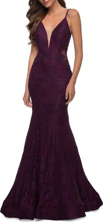 La Femme Long Mermaid Lace Dress with Back Rhinestone Detail in Dark Berry at Nordstrom, Size 12