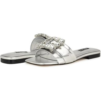 Nine West Matter Sandals Silver Metallic Slip On Square Toe HTAT729